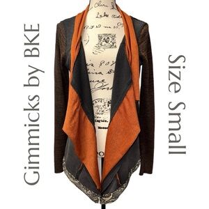 Gimmicks by BKE - Mixed Fabric Boho Cardigan -  Brown Layered Open Front - Small